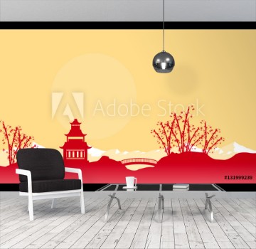 Bild på Silhouette of bridge and pavilion landscape Chinese New Year